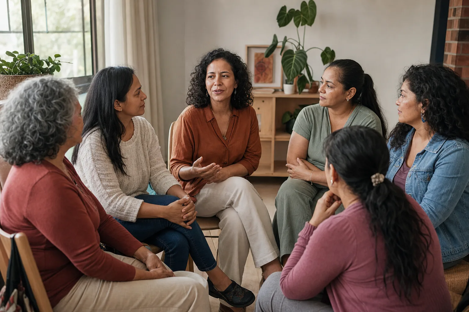 Mujeres adultas de distintas edades conversan en círculo con atención y respeto.