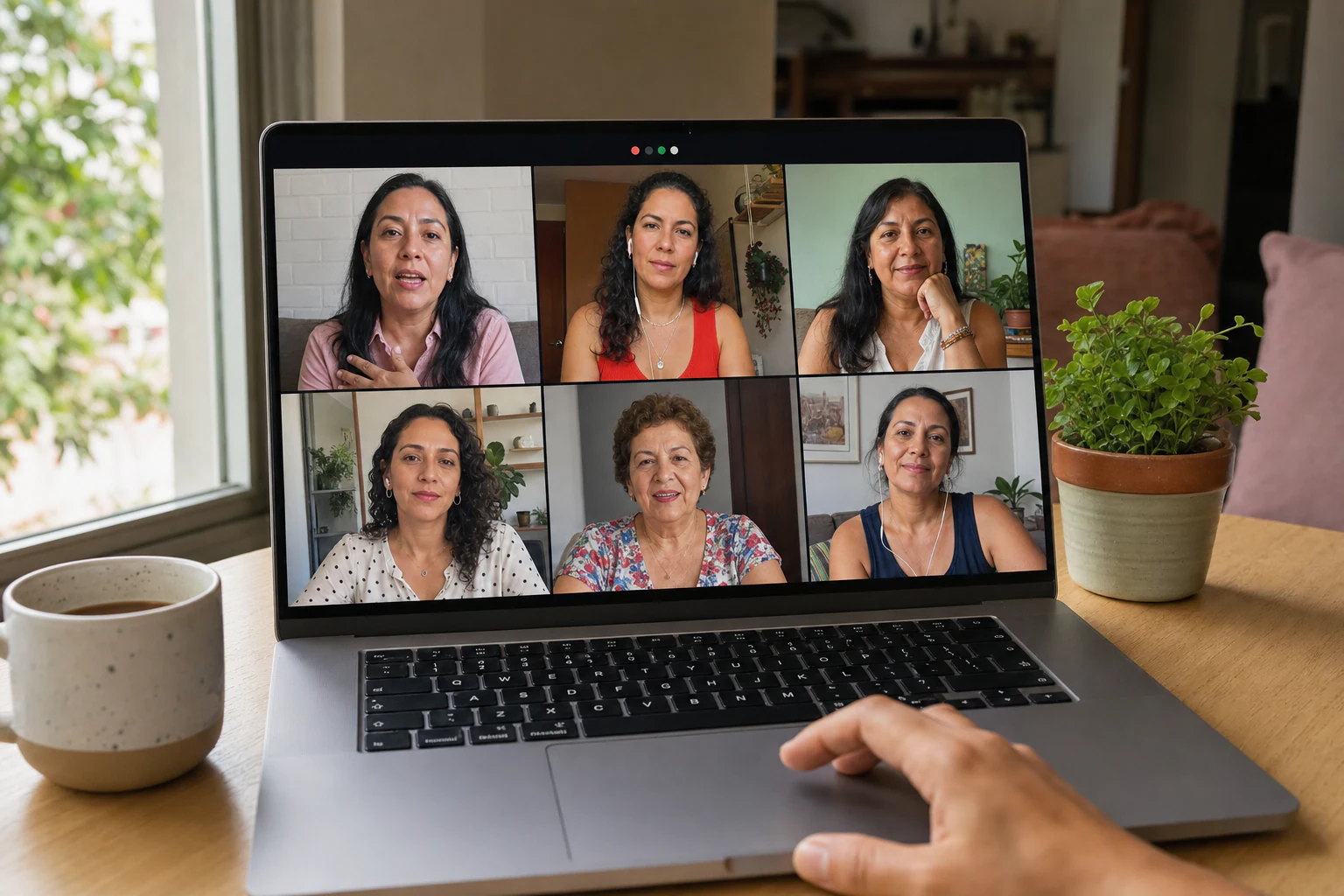Portátil preparado para un encuentro virtual con varias mujeres adultas.