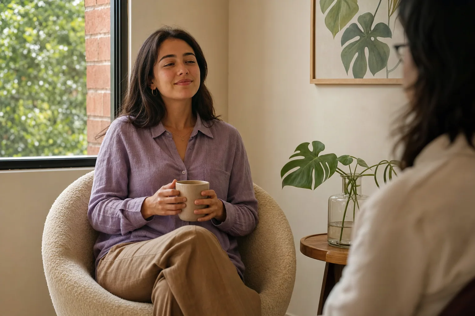 Mujer adulta sostiene una taza y respira con calma durante una sesión de acompañamiento psicológico.