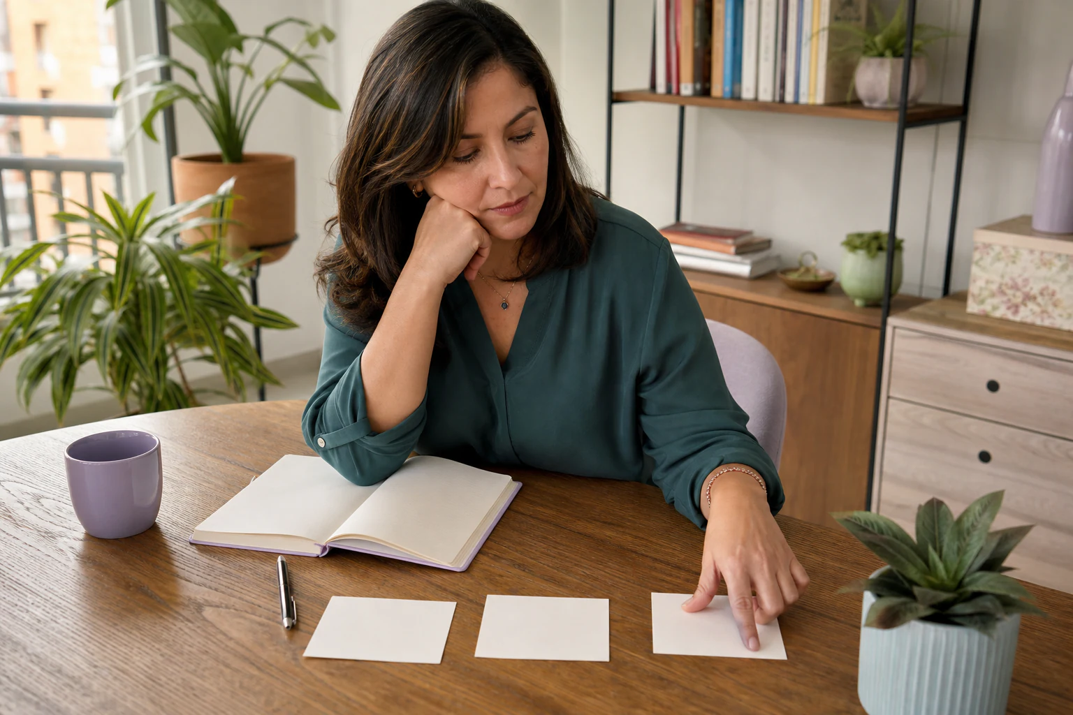 Mujer adulta organizando tarjetas en blanco para un ejercicio de reflexión personal