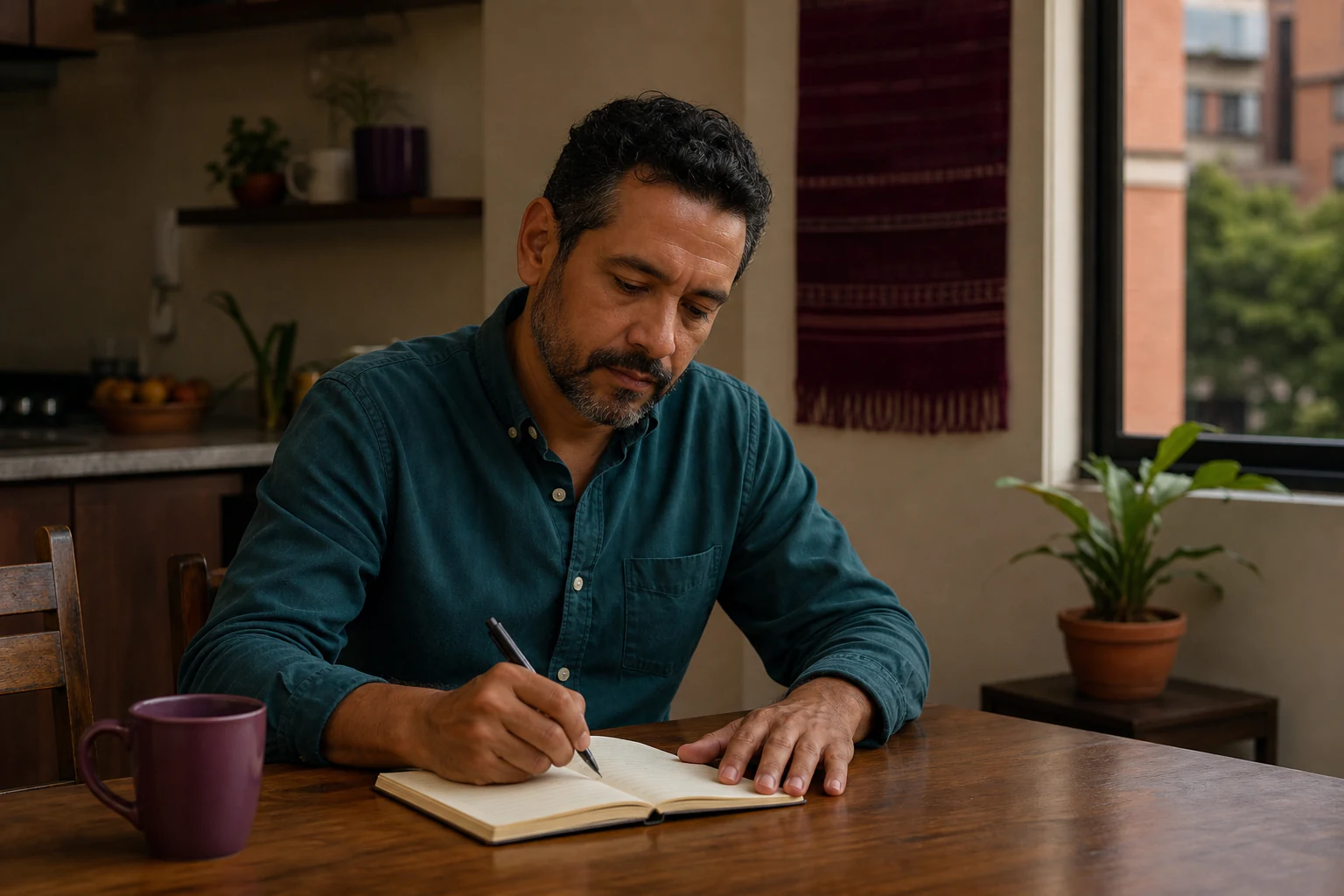 Hombre adulto registrando por escrito sus reacciones después de una pausa