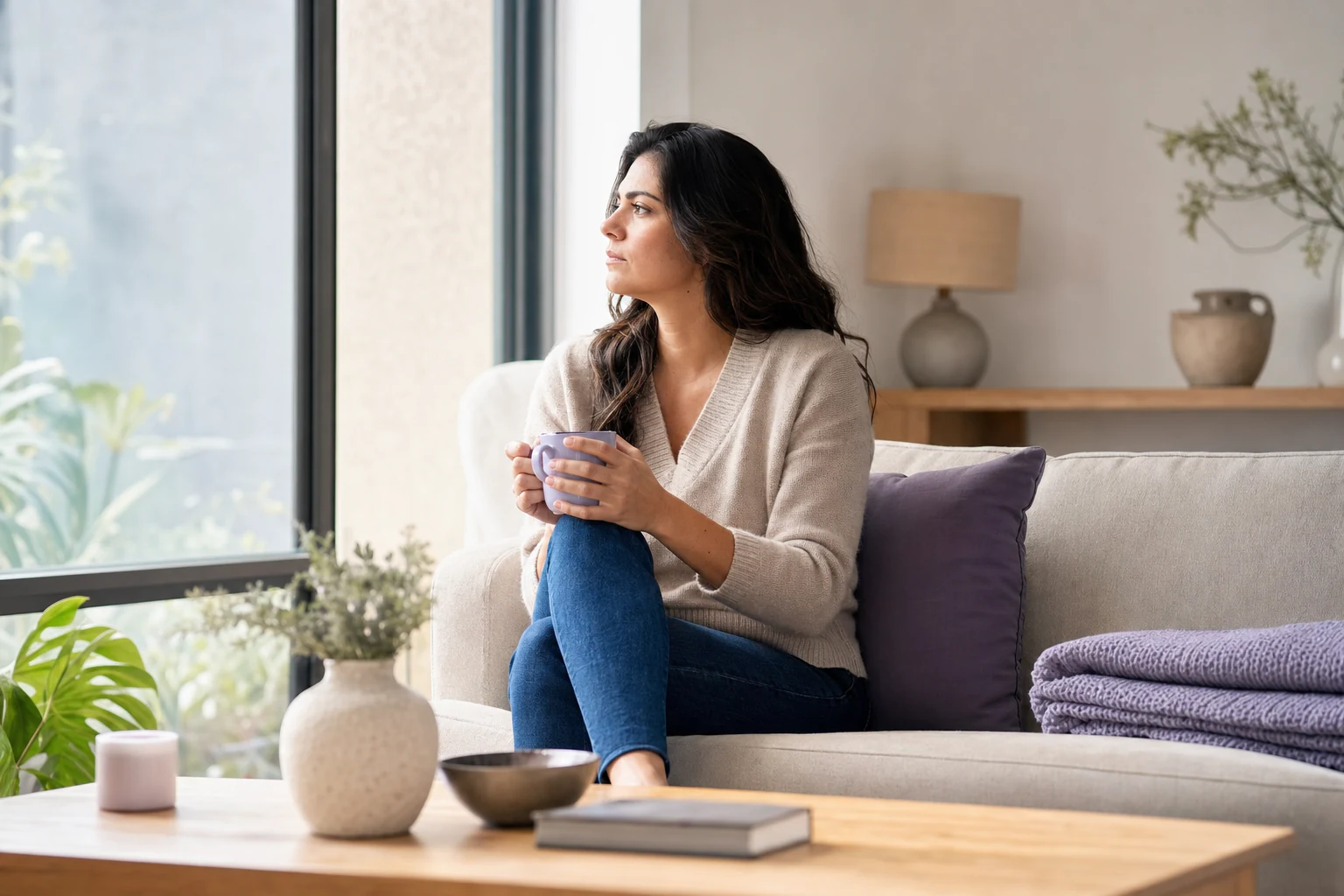 Mujer con una taza mirando por la ventana desde un sofá