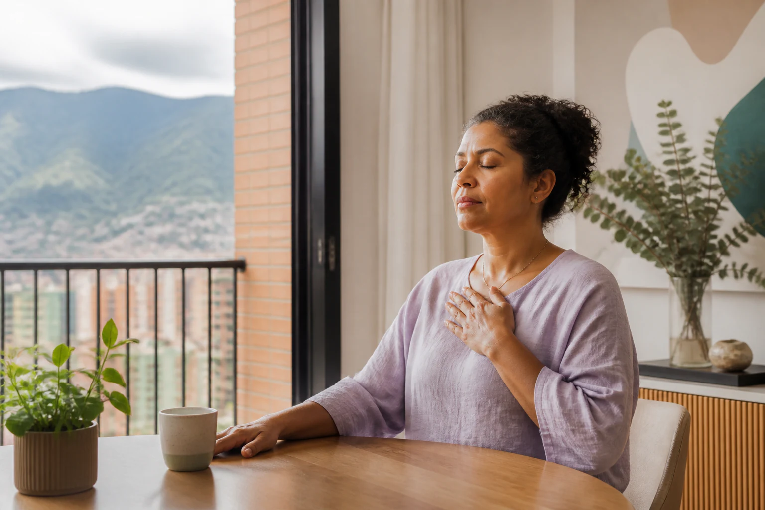 Mujer adulta realizando una pausa de respiración consciente junto a una ventana