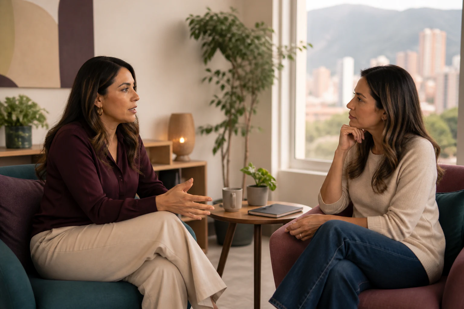 Dos mujeres adultas conversando en un espacio profesional y confidencial