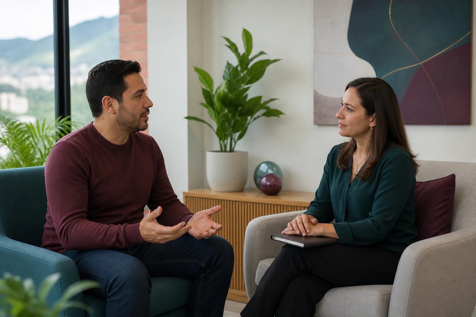 Hombre adulto conversando con una profesional en un consultorio tranquilo
