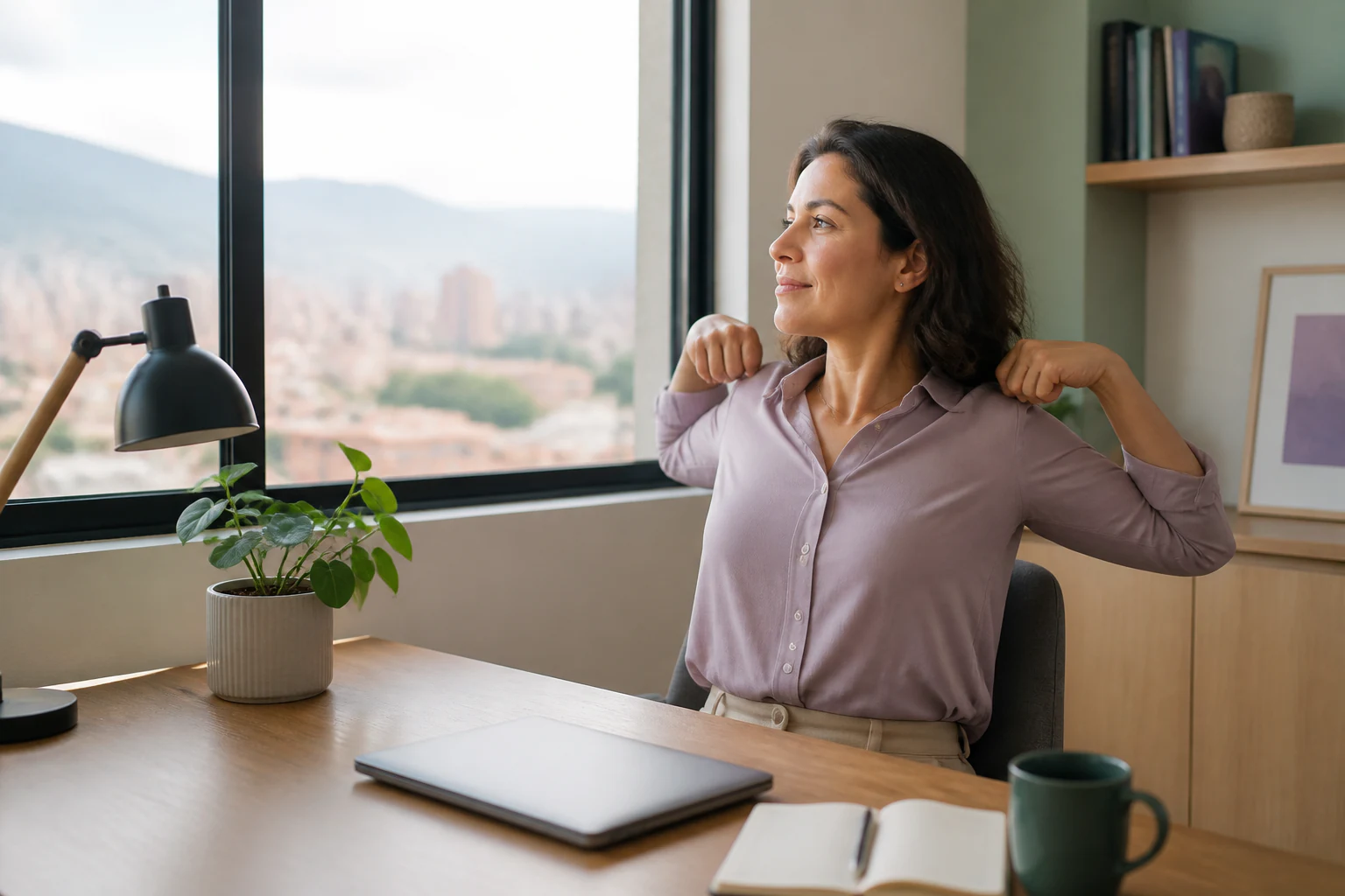 Profesional adulta haciendo una pausa junto a su escritorio de trabajo