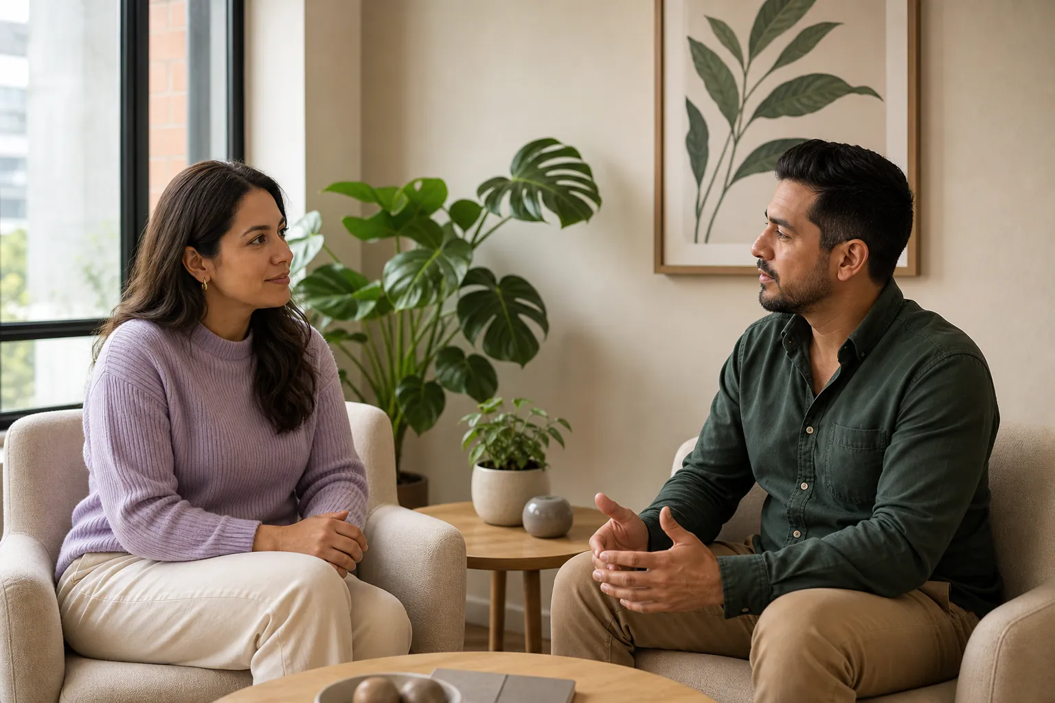 Pareja adulta conversa con calma en un consultorio cálido y profesional.