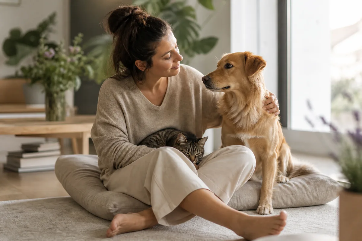 Una mujer comparte un momento tranquilo en casa con un perro y un gato.
