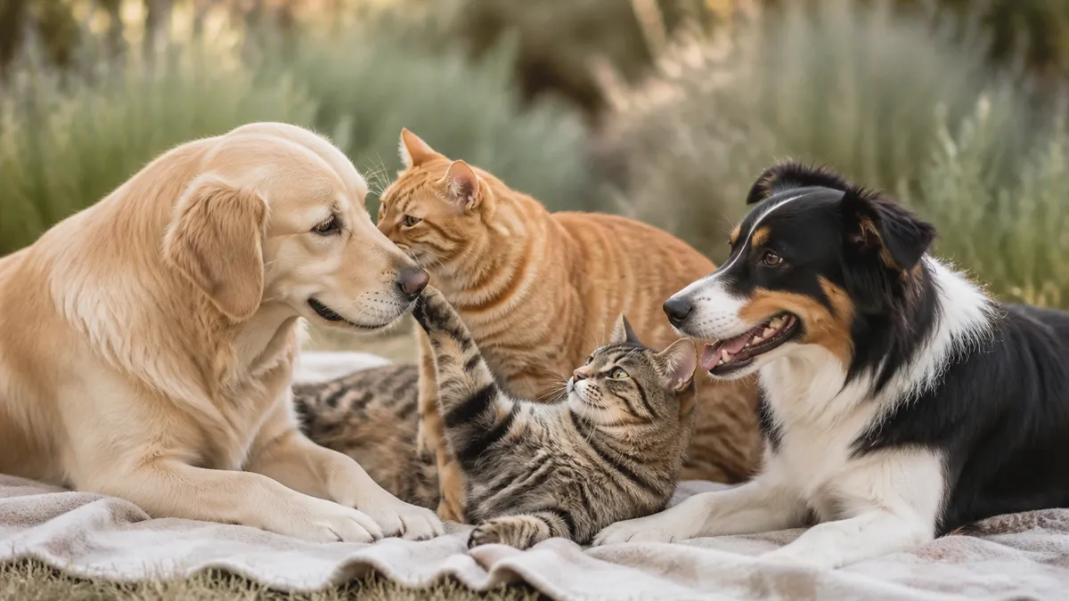 Dos perros y dos gatos juegan juntos sobre una manta al aire libre.