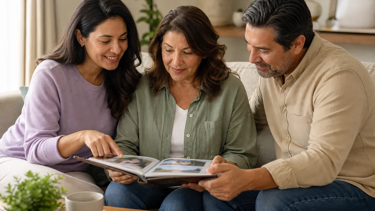 Tres familiares adultos comparten un álbum de fotos en una sala luminosa.