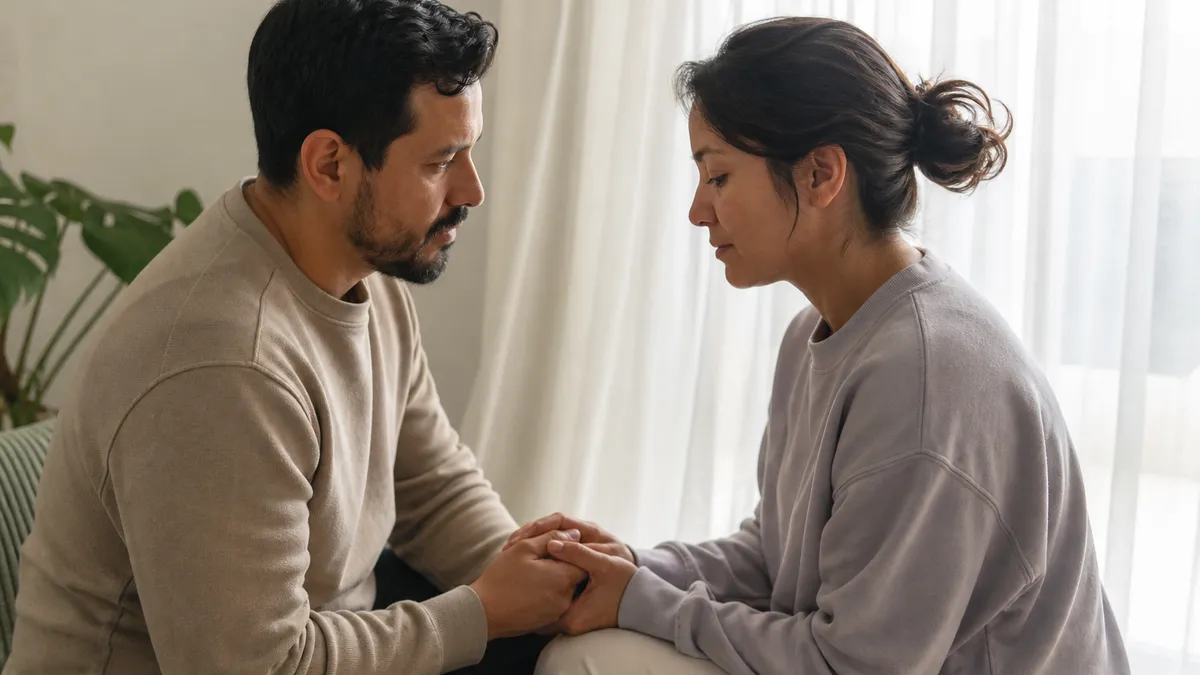 Pareja adulta sosteniéndose de las manos junto a una ventana en un momento de apoyo.
