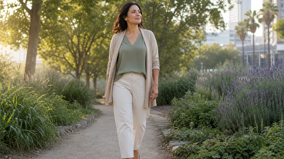 Mujer adulta caminando con calma por un parque urbano al amanecer.