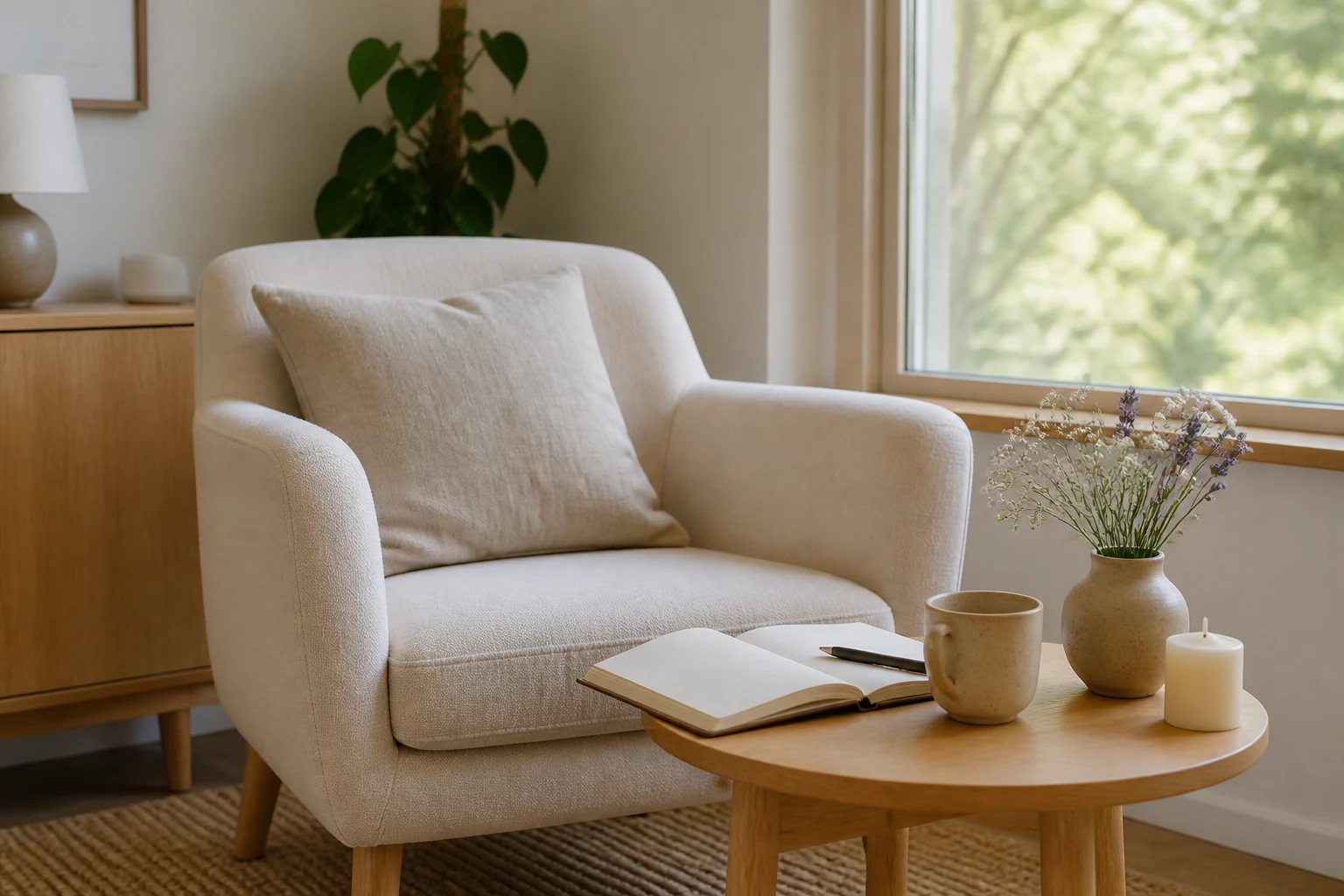 Espacio sereno de acompañamiento con sillón, cuaderno, flores y luz natural