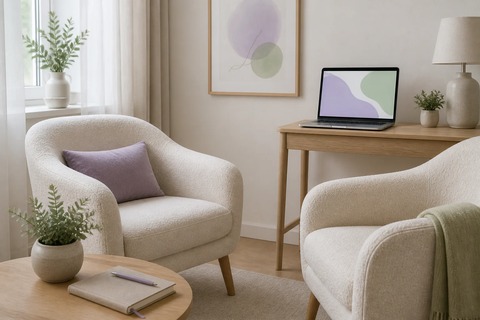 Consultorio acogedor con dos sillones y un portátil preparado para una consulta online.