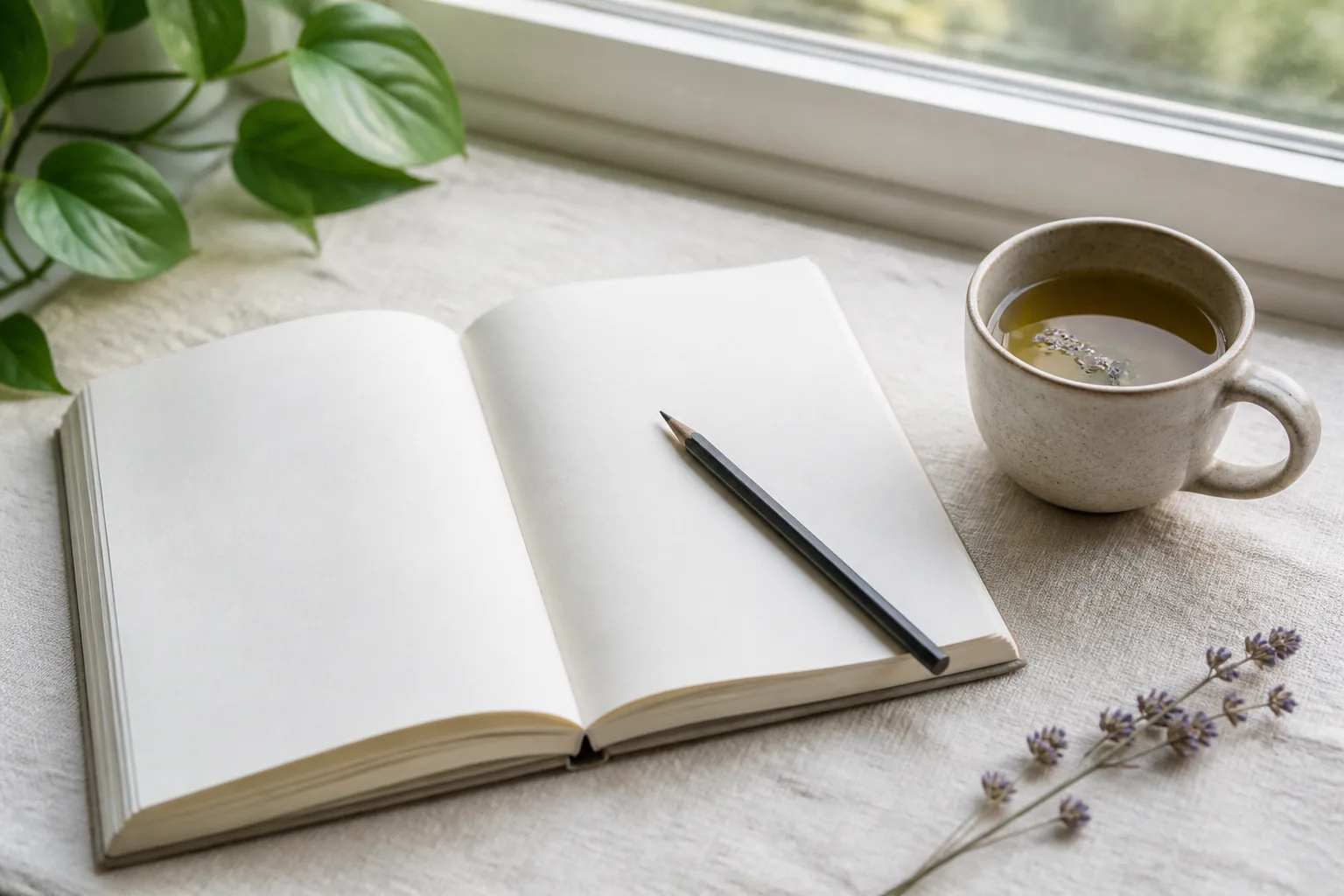 Cuaderno abierto y taza de té junto a una ventana iluminada con luz natural.