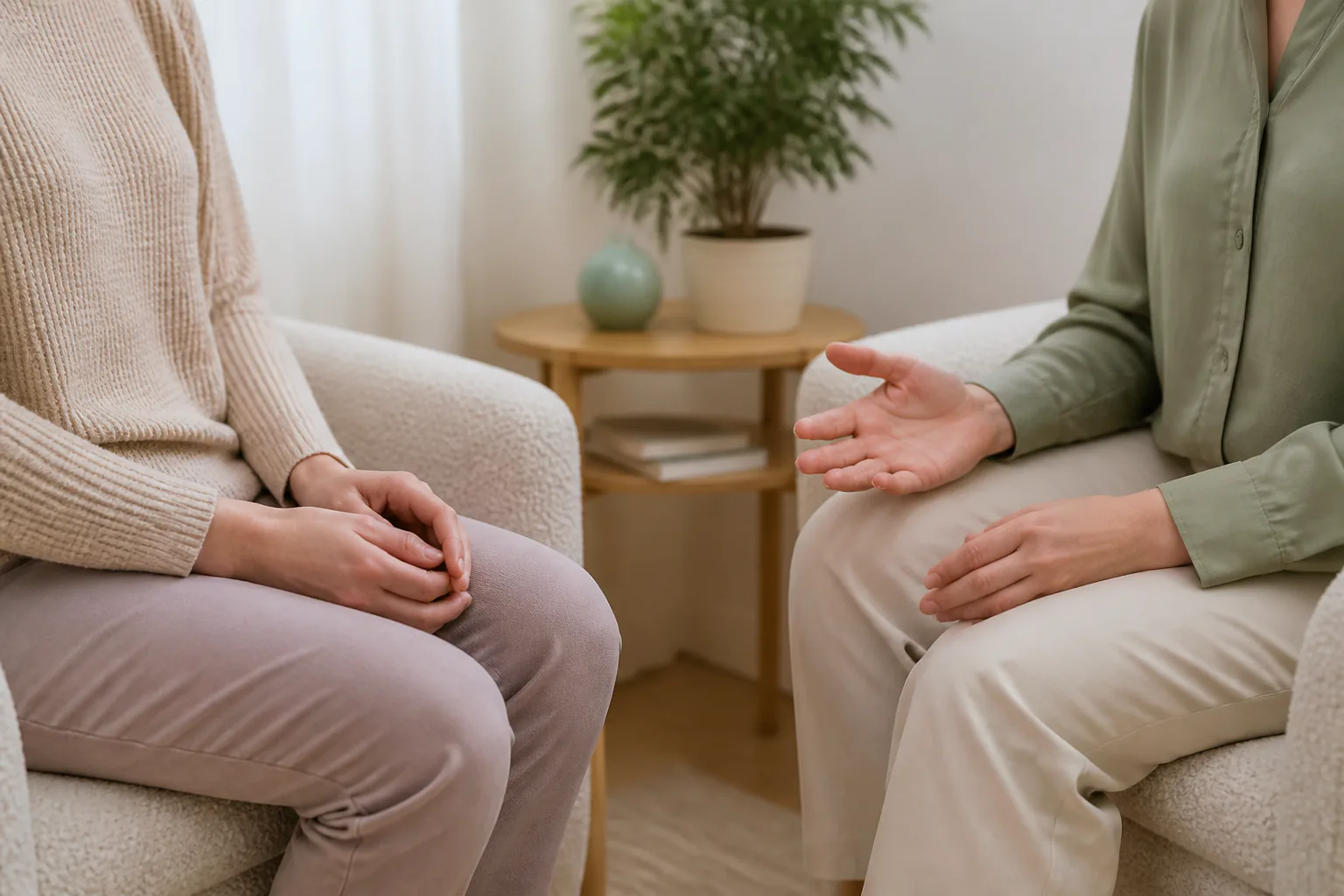 Manos de dos personas durante una conversación profesional en un espacio tranquilo.