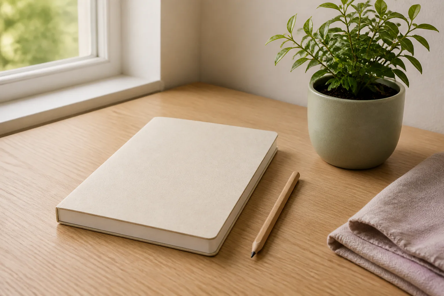 Cuaderno, lápiz y planta sobre una mesa de trabajo sobria con luz cálida.