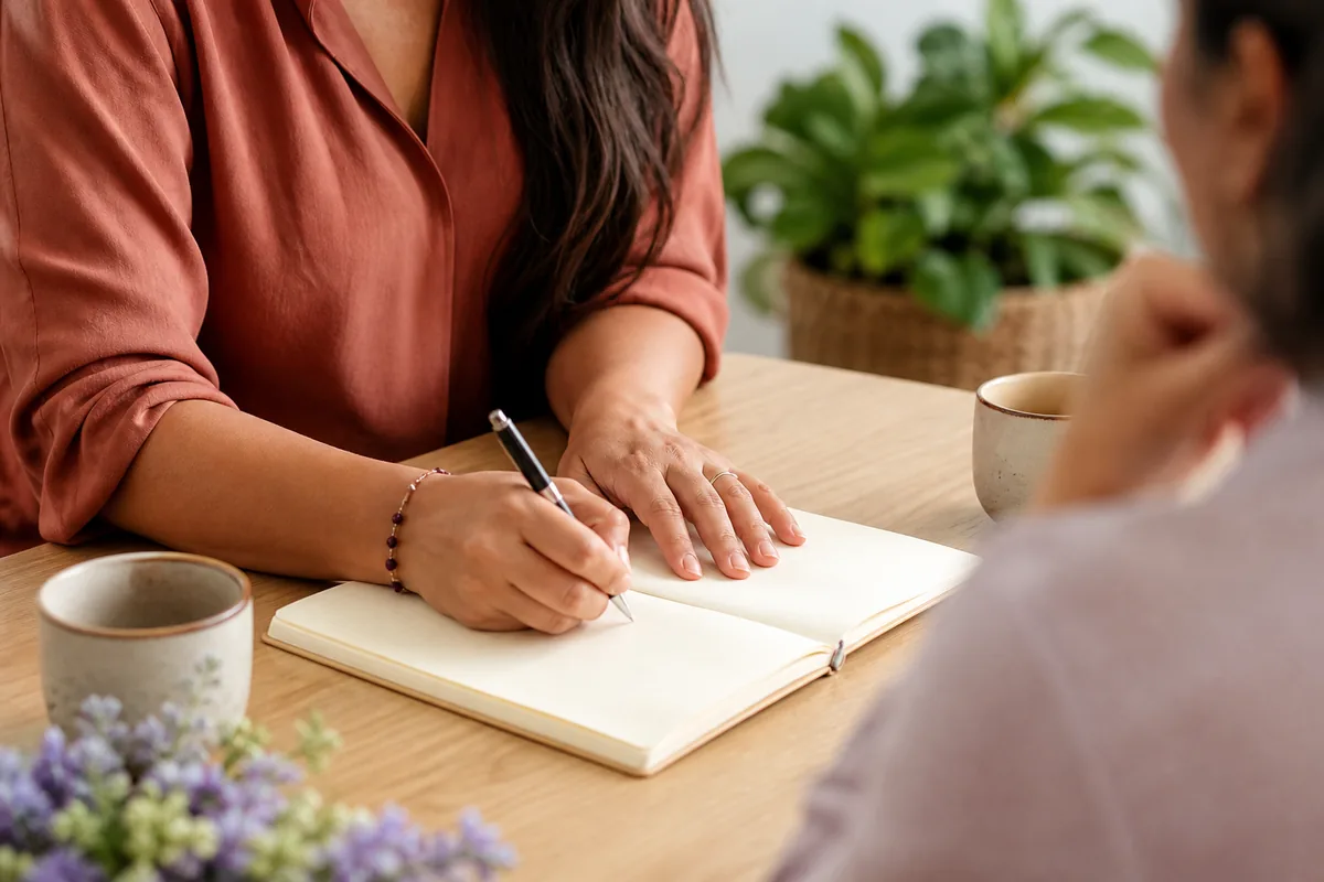 Mujer adulta escribe en un cuaderno durante una conversación cercana.