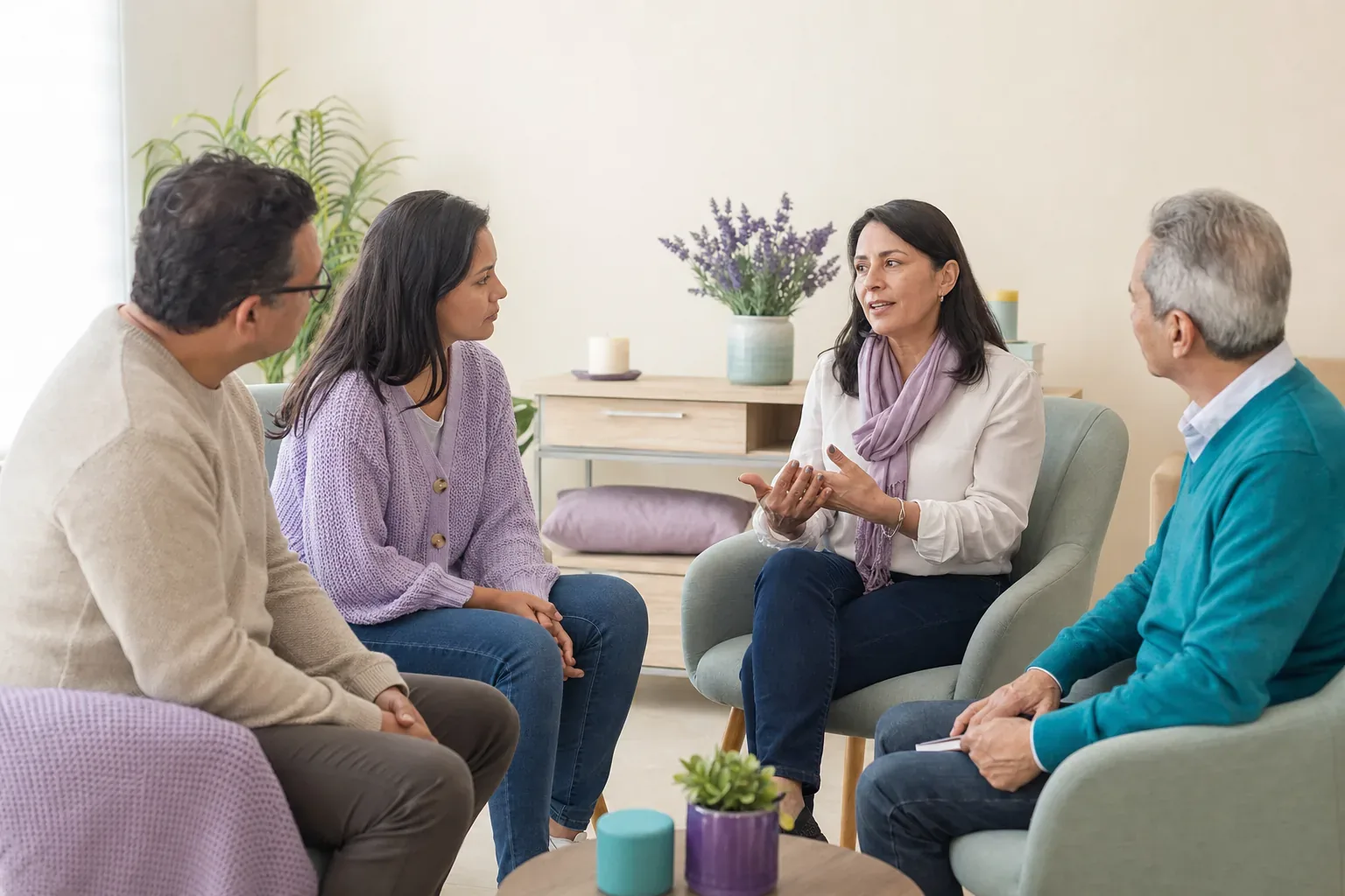 Cuatro personas adultas conversan en círculo en un espacio luminoso.