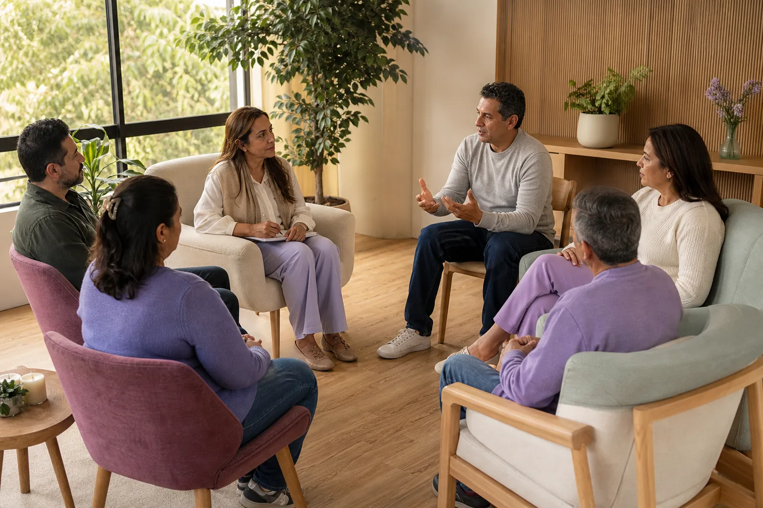Personas adultas de distintas edades conversan en círculo en una sala cálida y luminosa.