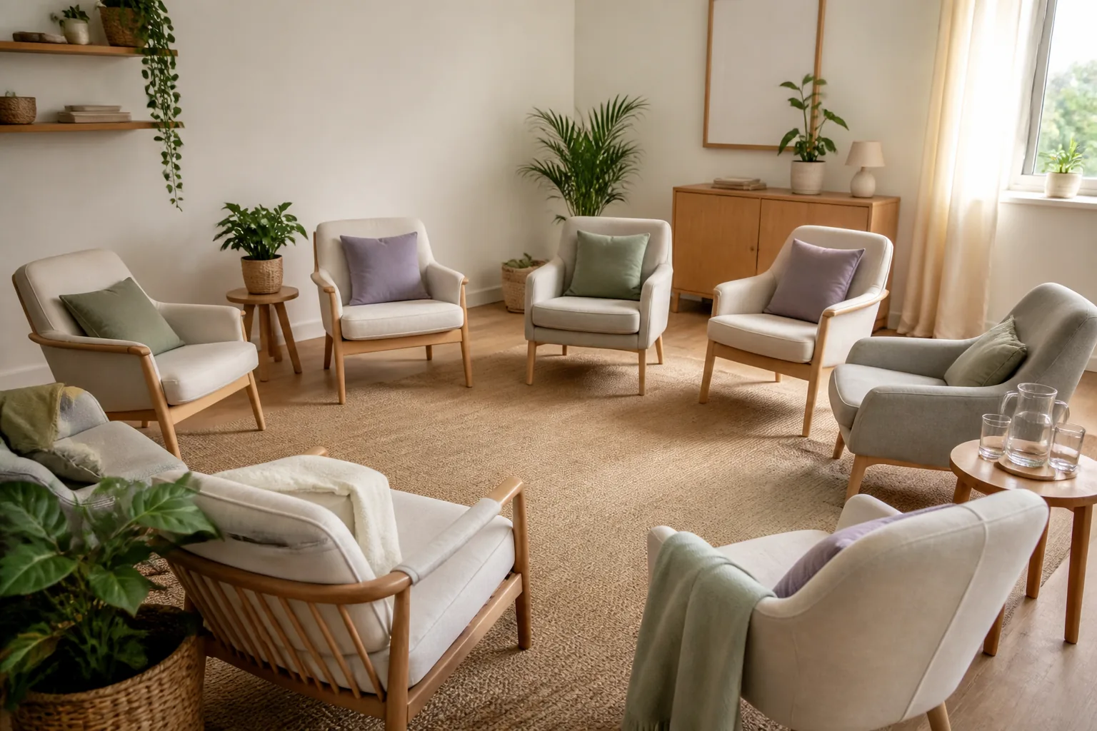 Sala luminosa con varias sillas dispuestas en círculo para un encuentro presencial.