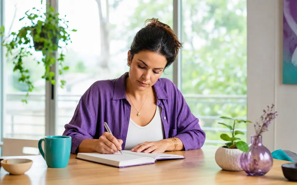 Mujer adulta escribe en un cuaderno durante un ejercicio de reflexión.