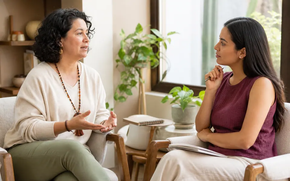 Dos mujeres adultas conversan con atención durante una actividad.