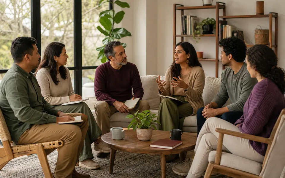 Grupo pequeño participa en una conversación guiada.