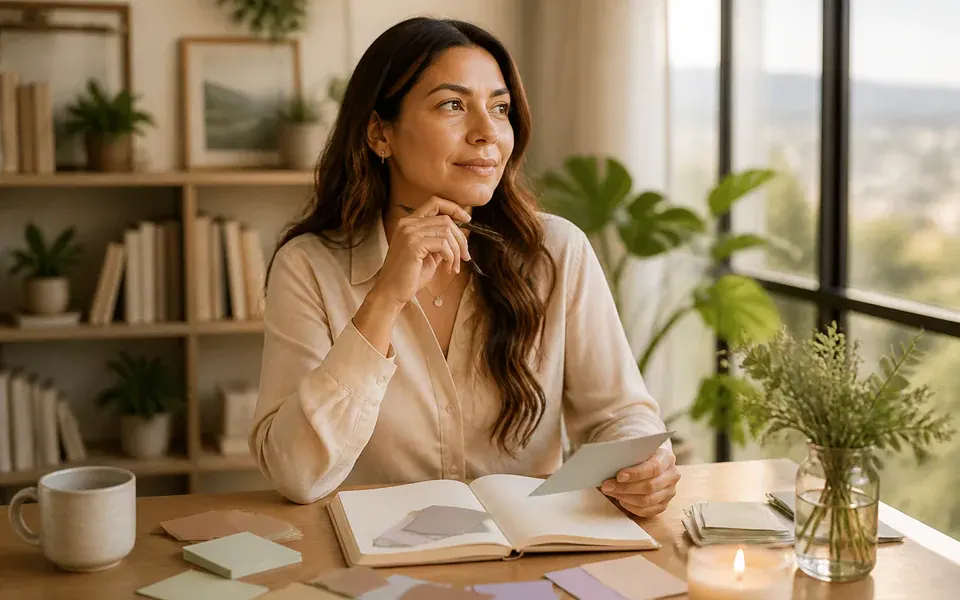 Mujer reflexiona junto a una ventana con un cuaderno y tarjetas.