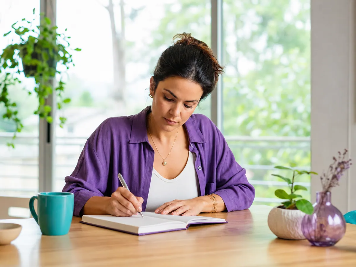 Mujer realiza un ejercicio de reflexión junto a una ventana.