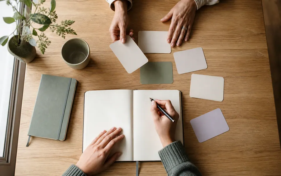 Cuaderno abierto y tarjetas de trabajo sobre una mesa de madera.
