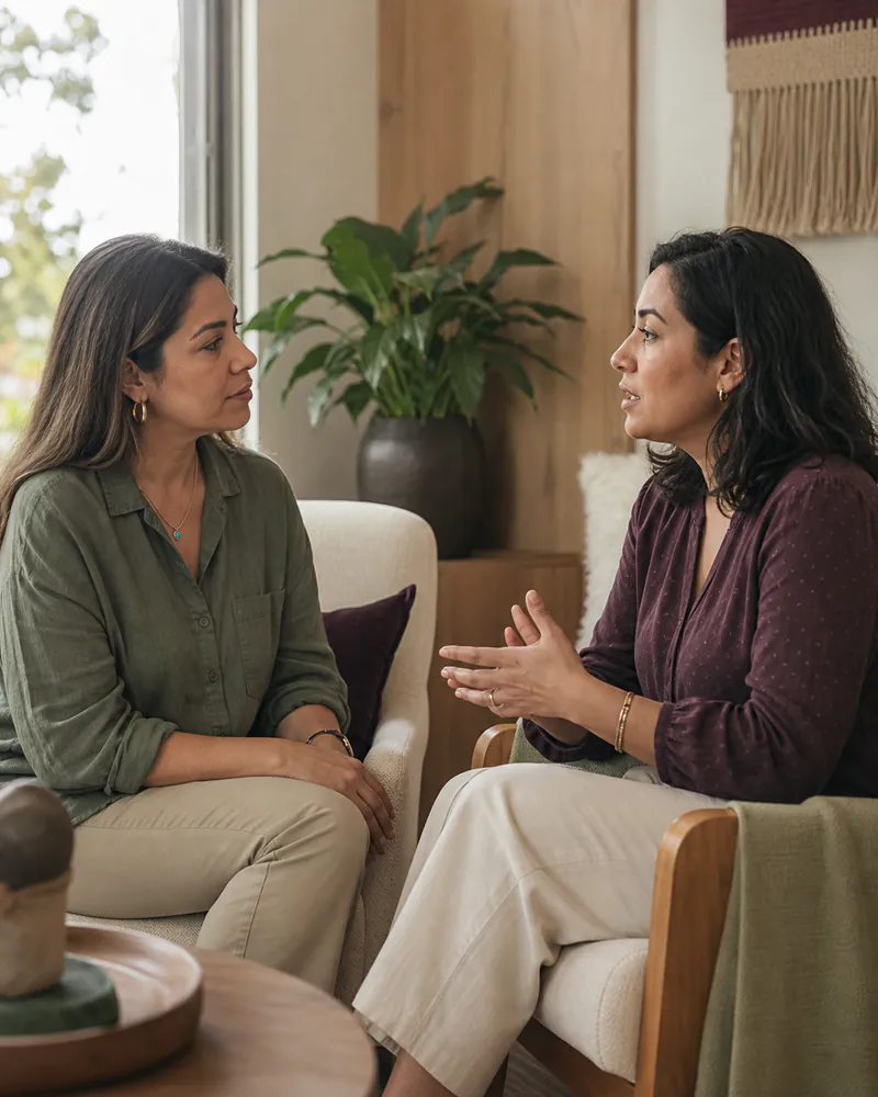 Dos mujeres conversando en un espacio tranquilo