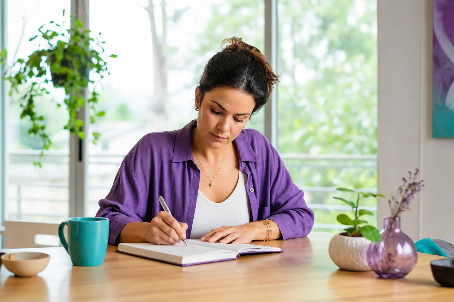 Mujer escribiendo objetivos personales en un cuaderno junto a una ventana.