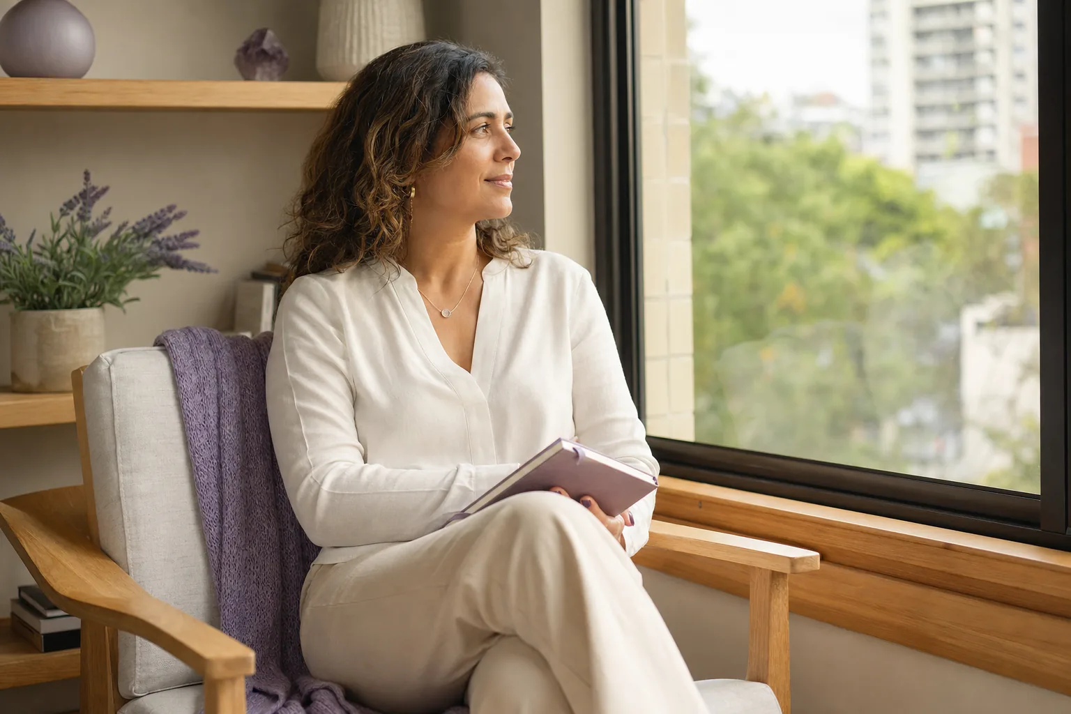 Mujer sentada junto a una ventana con un cuaderno cerrado sobre el regazo.