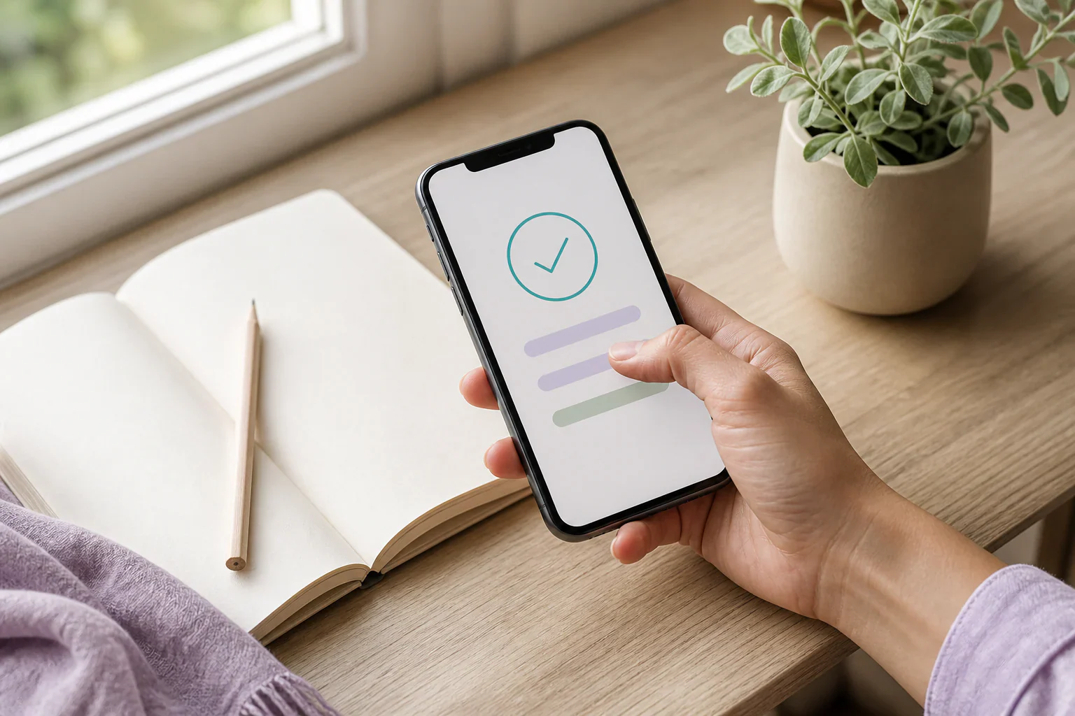 Manos consultando recursos de salud mental en un teléfono junto a un cuaderno