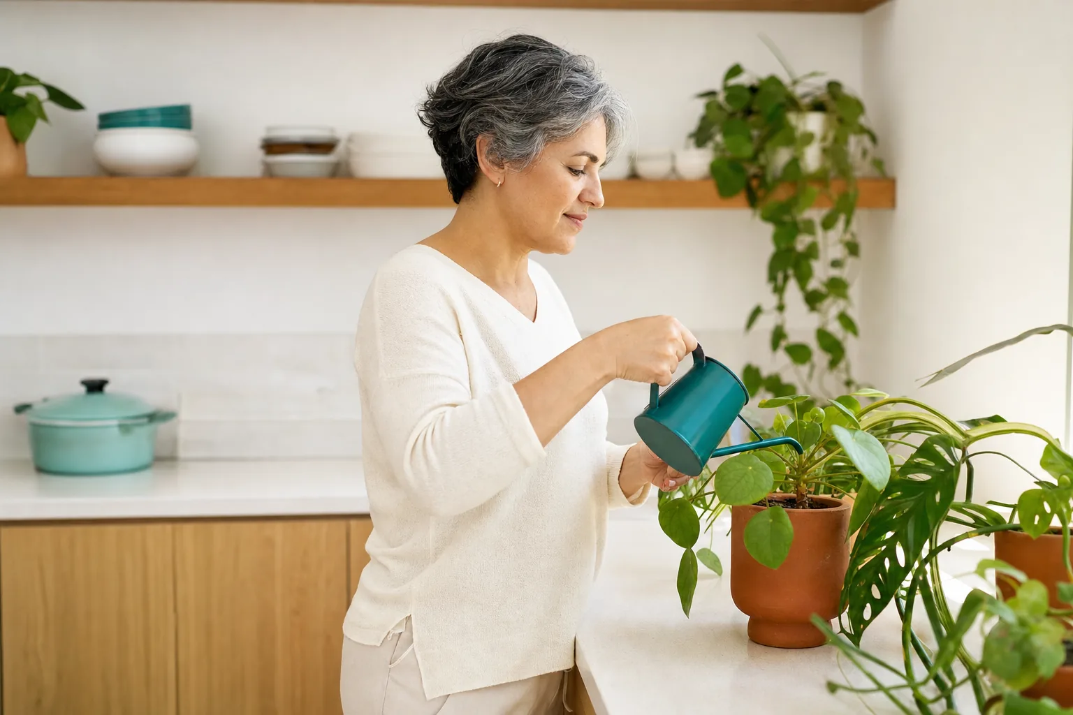 Mujer regando plantas con calma en una cocina luminosa.