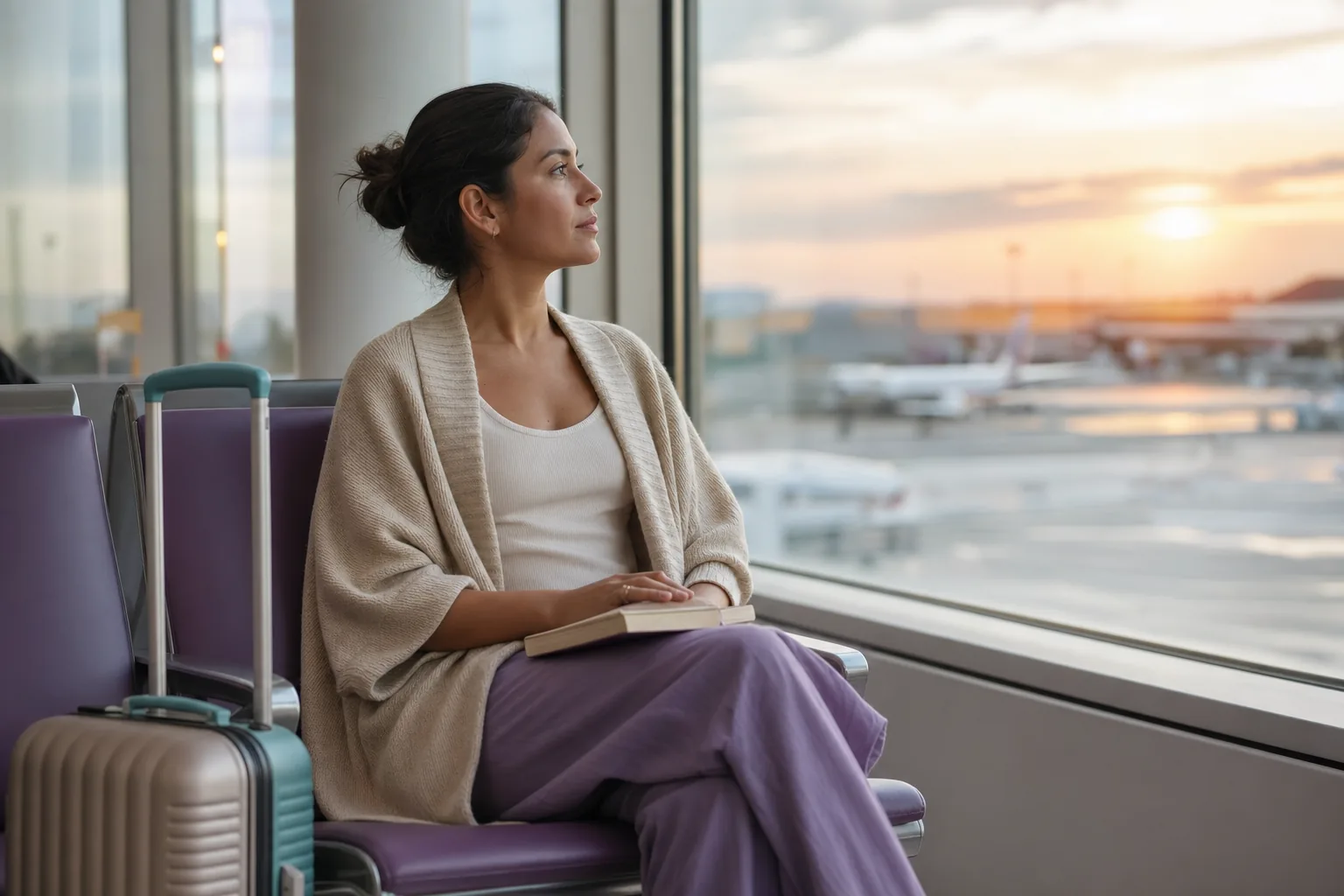 Mujer con una maleta esperando junto al ventanal de un aeropuerto.