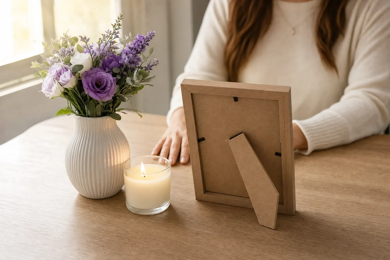 Vela encendida y flores lavanda sobre una mesa junto a una ventana.