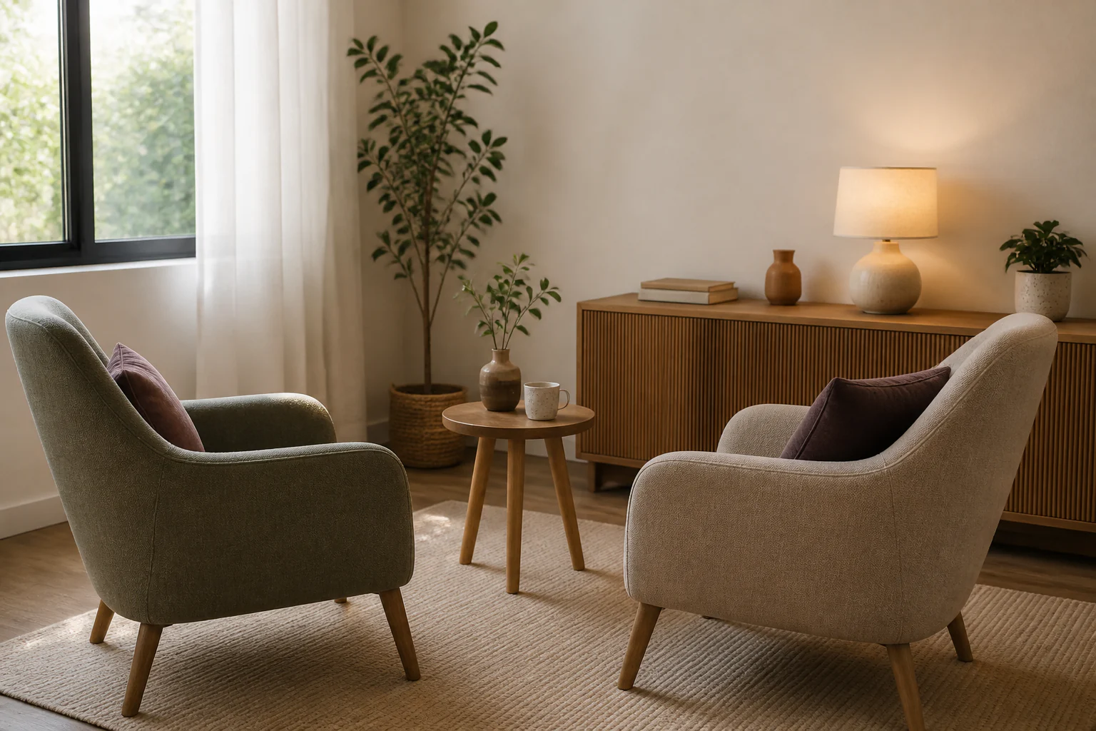Consultorio cálido con dos sillones, una planta y luz natural.