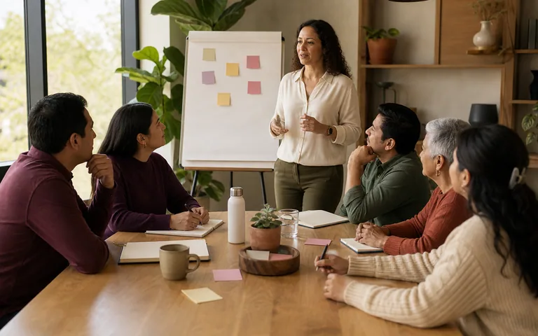 Facilitadora conversa con un equipo de profesionales.