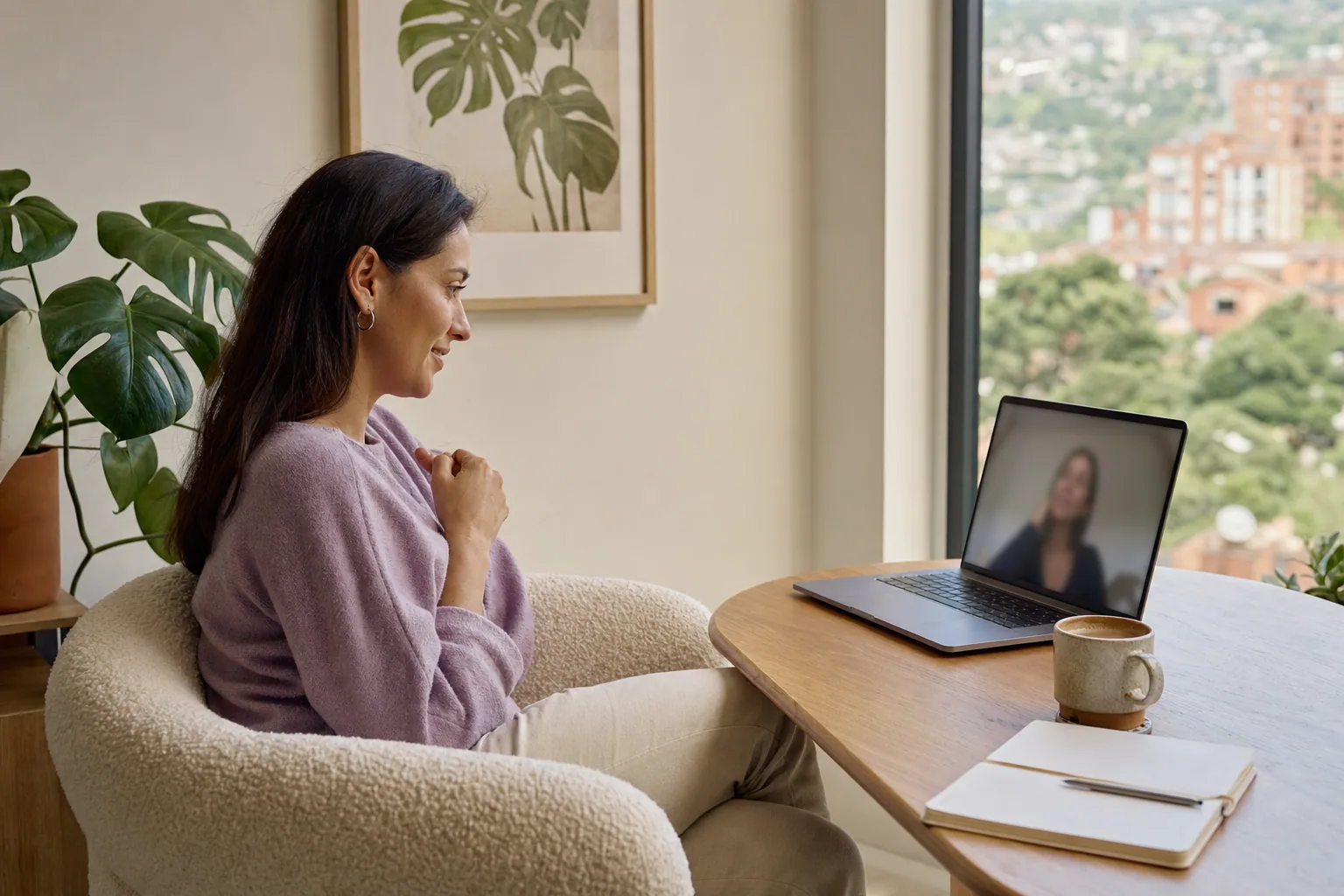 Mujer adulta participa en una sesión de terapia por videollamada desde casa.