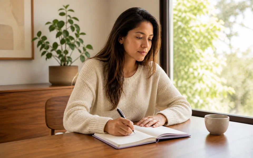 Mujer adulta escribe durante un ejercicio personal de reflexión.