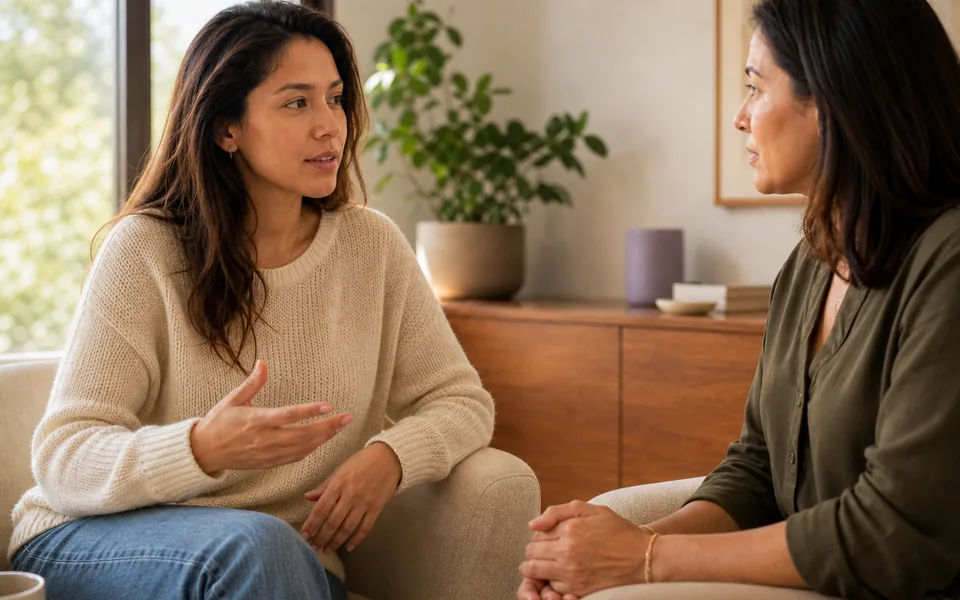 Mujer adulta participa con serenidad en una conversación individual.
