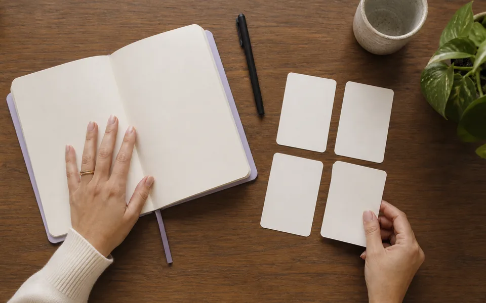 Mujer adulta organiza ideas y objetivos personales en un cuaderno.