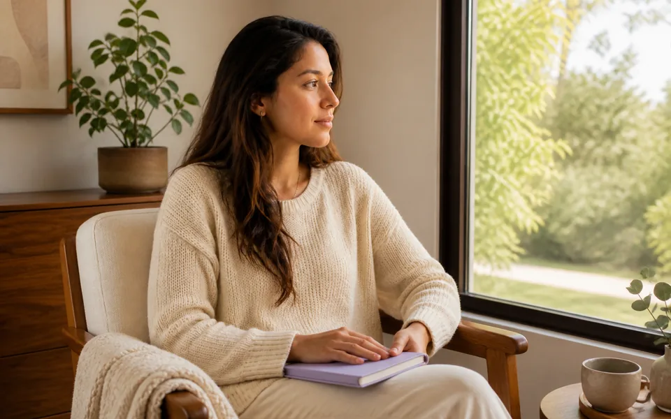 Mujer adulta realiza una pausa reflexiva junto a una ventana.
