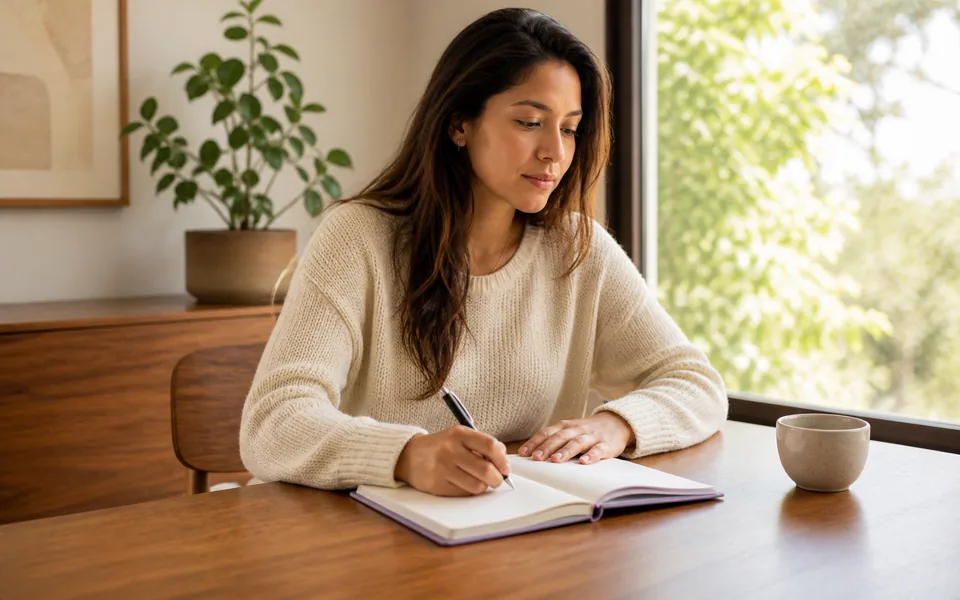 Mujer adulta escribe objetivos personales en un cuaderno.